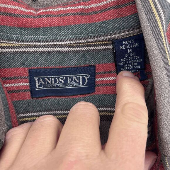 Vintage Lands End Oxford 15.5 M Button Up Green Red Herringbone Stripe Made USA - Picture 3 of 4